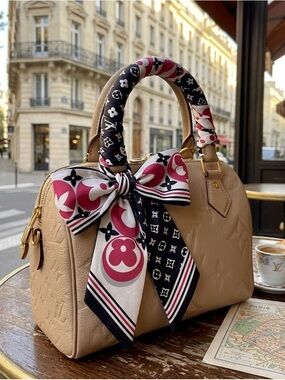Luxury 100% Silk Bandeau Twilly Scarf - Black, White & Pink Floral Monogram 🩷